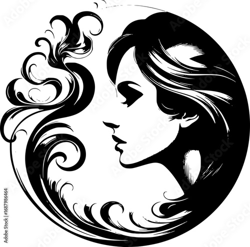 Minimalist black and white vector icon of a woman’s side face in abstract style, clean lines, modern, scalable, ideal for logos or stickers.
