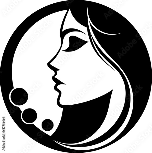Minimalist black and white vector icon of a woman’s side face in abstract style, clean lines, modern, scalable, ideal for logos or stickers.