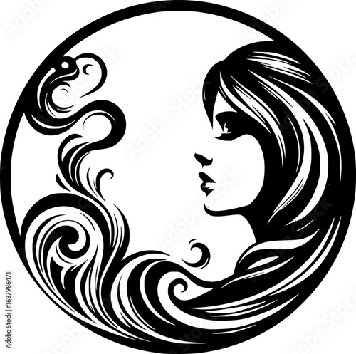 Minimalist black and white vector icon of a woman’s side face in abstract style, clean lines, modern, scalable, ideal for logos or stickers.