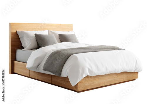 Light-toned wooden bed with white linens