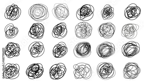 Doodle clew. Chaos lines, hand drawing tangled clew, insane mess scribble, confused brain thinking doodle, clutter complicated concept. vector set 