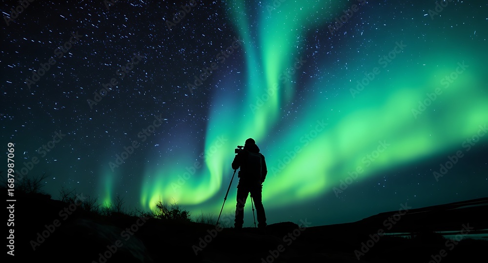 Fototapeta premium Photographer Capturing Majestic Green Aurora Borealis Under a Starry Night Sky in a Dramatic Arctic Landscape