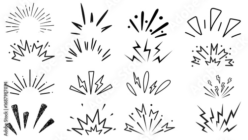 Doodle explosion. Comic burst manga elements. Radial line rays, hand drawn shine, idea, surprise and exclamation symbol. vector set