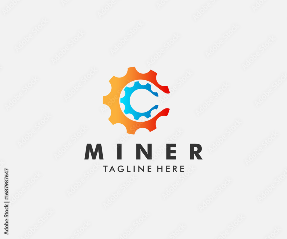 Fototapeta premium Vibrant gradient gear logo with integrated blue letter C and bold MINER text.