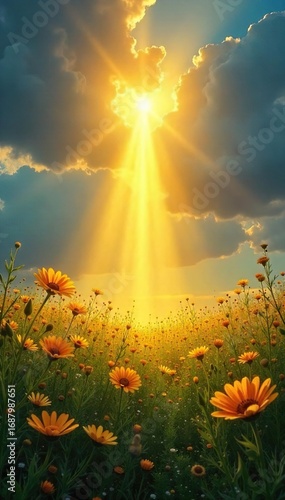 A vibrant yellow sunbeam breaks through dark clouds, illuminating a field of wildflowers, symbolizing hope and resilience  Perfect for uplifting and optimistic themes ,  colorful,  resilience