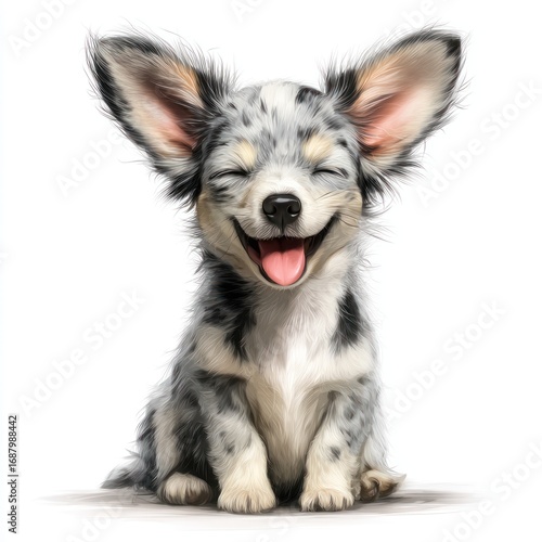 A happy puppy, sitting with closed eyes and a wide, joyful grin. Its ears stand up, speckled fur, and tongue peeking. Digital art style