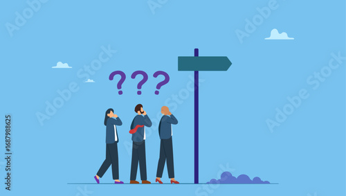 Diverse business people think with question mark to go right way. Doubt, unsure or uncertainty, decision to go right way, confusion, problem or choose direction, contemplation for career opportunity.