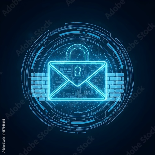 Futuristic neon-blue email icon with digital network lines, glowing padlock symbol, cyber security theme, modern data protection design, clean and high-tech visual.