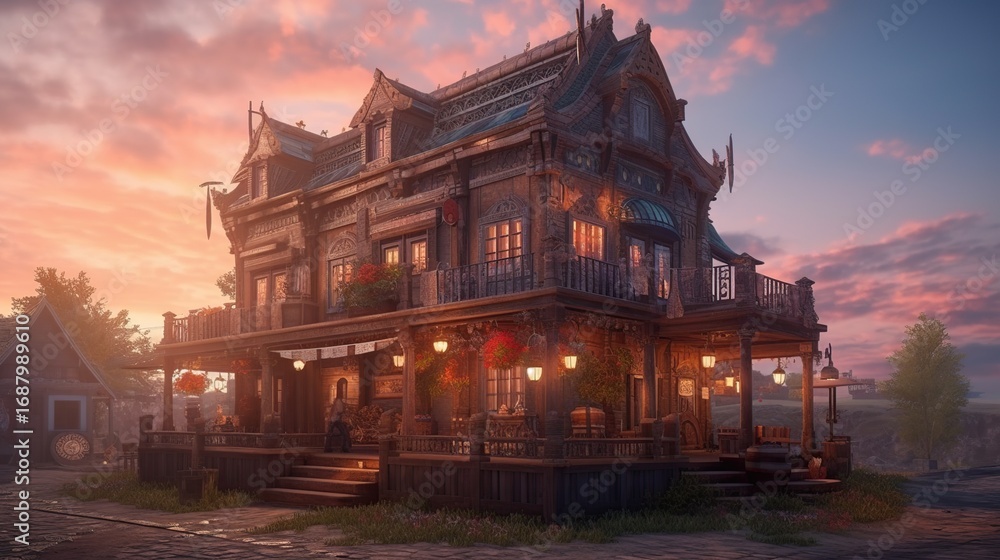 Fototapeta premium A picturesque, ornate building at sunset