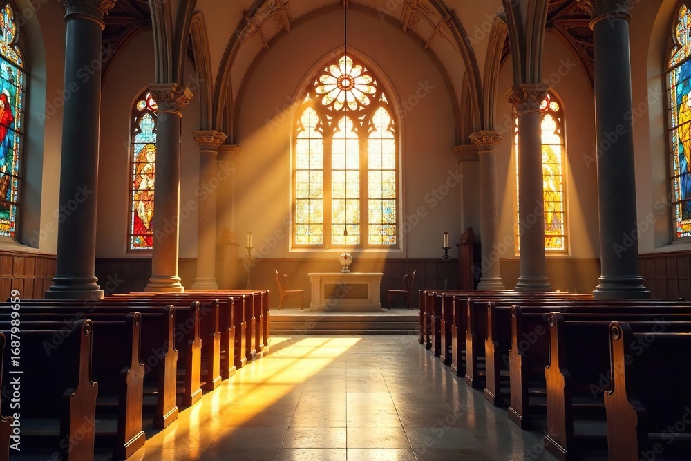 Fototapeta premium Serene church interior, sunlight streaming through stained-glass windows illuminating a quiet prayer space Perfect for themes of faith, spirituality, peace, and worship , spirituality, contemplation