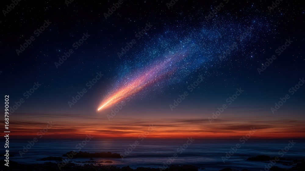 Fototapeta premium Breathtaking Comet Over Serene Ocean at Sunset with Starry Sky