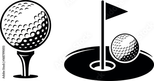 Black and white golf ball on tee and golf ball near hole with flag golf tee golf hole