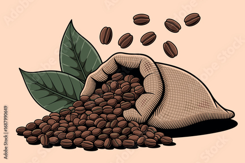 Burlap sack overflowing with roasted coffee beans and green leaves coffee bag coffee leaves