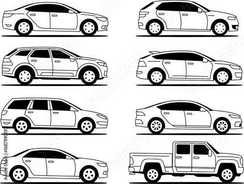 Collection of black and white line art vehicle silhouettes sedan hatchback