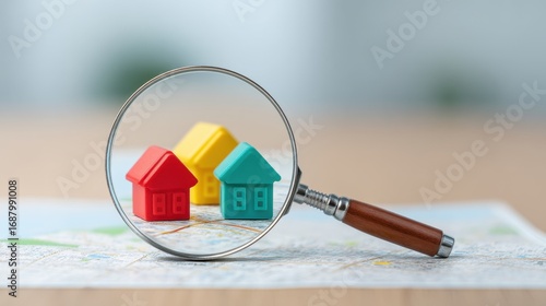 Colorful mini houses under magnifying glass on map representing real estate market research and home buying decisions in urban environment