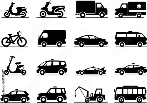 Collection of black silhouette vehicle icons on white background scooter moped