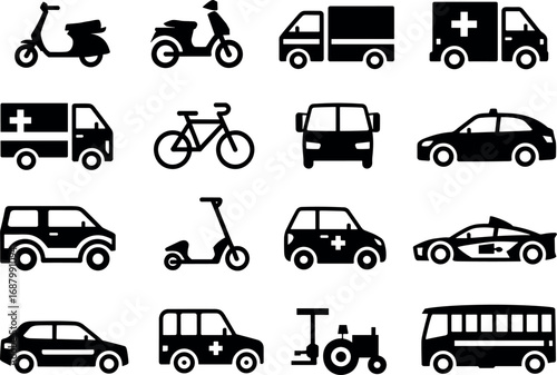Collection of black vehicle icons including scooters cars ambulance bus and tractor motorcycle