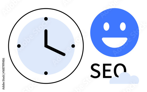 Clock with bold hands and blue happy face with SEO text and small cloud. Ideal for productivity, marketing, digital strategy, time management, growth, online success, simple landing page