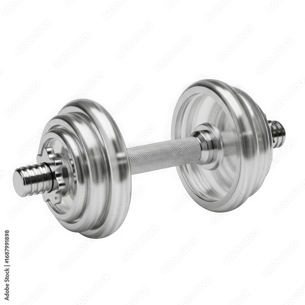 Fototapeta premium Shiny adjustable dumbbell with weight plates isolated on black for fitness and exercise transparent background