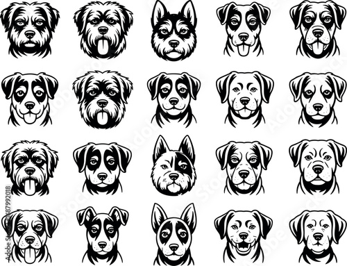 Collection of twenty four distinct dog breed head illustrations in black and white dogs