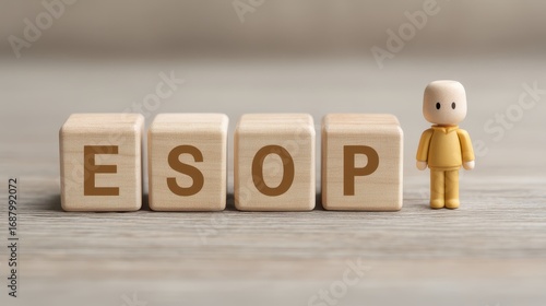 Wallpaper Mural Colorful wooden blocks spelling ESOP next to a small yellow figure on a wooden surface, symbolizing employee ownership and business engagement concepts Torontodigital.ca