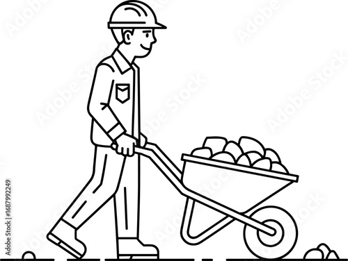 Construction worker pushing a wheelbarrow filled with rocks male person