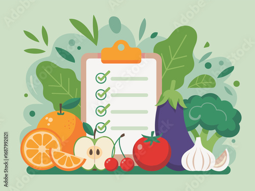 Flat cartoon illustration of healthy food items and a checklist fruits vegetables