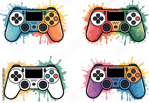 Four colorful video game controllers with watercolor splashes gaming gamepad