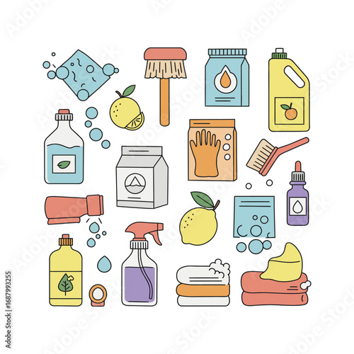 cleaning supplies icons various cleaning products for spring cleaning vector flat design illustration