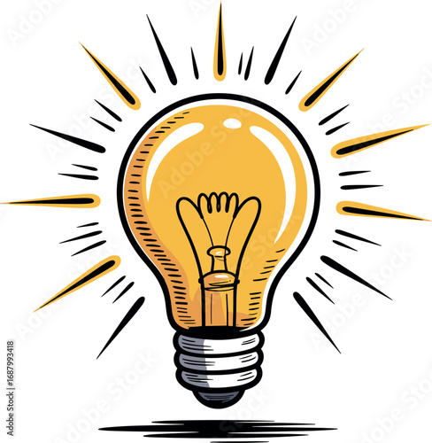Hand drawn illustration of a glowing yellow light bulb with radiating lines idea innovation
