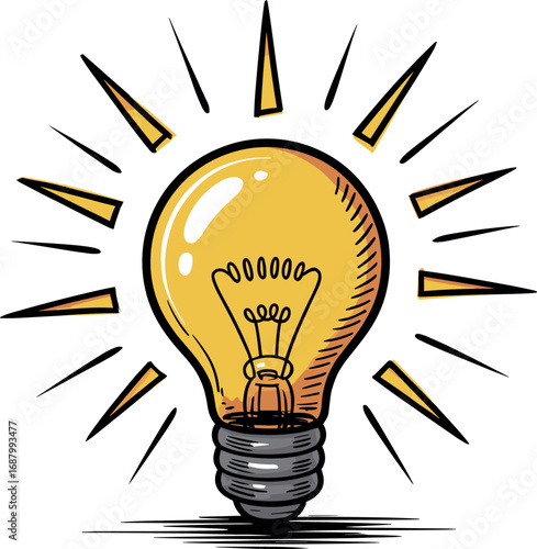 Hand drawn yellow light bulb with radiating lines and black outline idea innovation