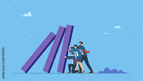 Business people colleagues help stop domino falling. Teamwork to solve problem, team effort help stop crisis, responsibility to stop failure, support or trustworthy or courage to success.