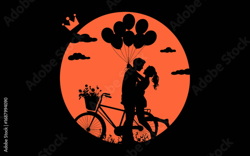 Romantic silhouette of a couple embracing with balloons and a bicycle at sunset, evoking love and adventure.