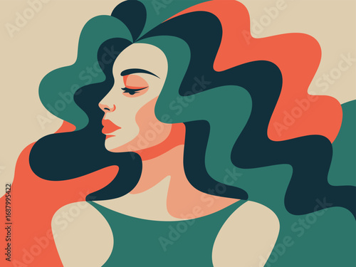 Stylized profile portrait of a woman with flowing wavy hair in coral teal and navy illustration