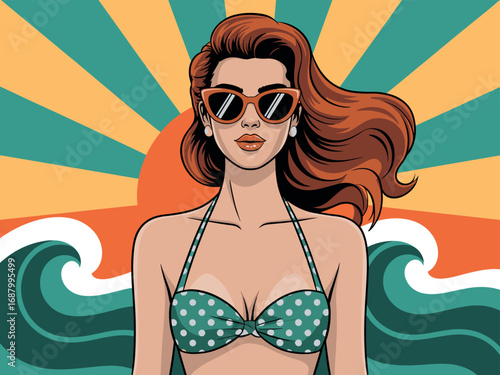 Stylized woman in polka dot bikini with sunglasses and wavy background beach