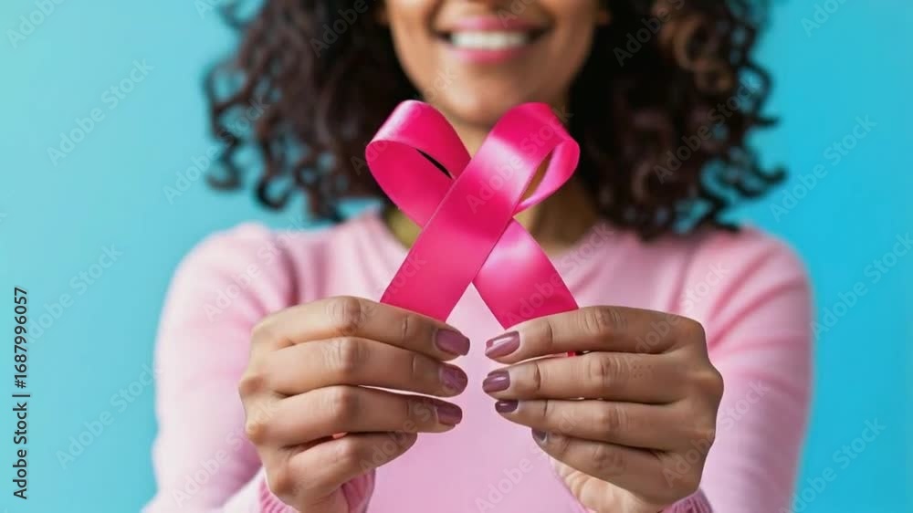 A woman holds a pink ribbon in front of her,