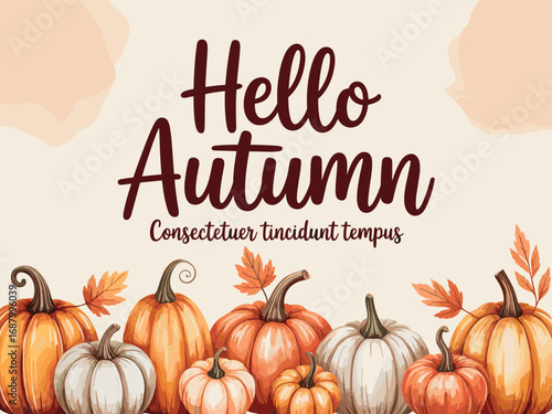 Watercolor Hello Autumn greeting with pumpkins and fall leaves vector