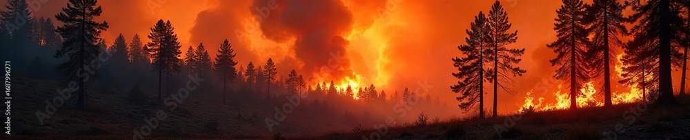 Naklejka premium Fiery orange wildfire raging through a dry pine forest, consuming trees and underbrush, smoke billowing into the sky A dramatic scene of nature's destructive power , orange, wildfire