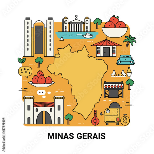 minas gerais brazil icons showing tourism and culture in a bright vector illustration for travel promotion ads