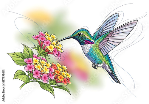 A vibrant vintage vector illustration of a bird on a floral branch, with a seamless pattern of blossoms and leaves