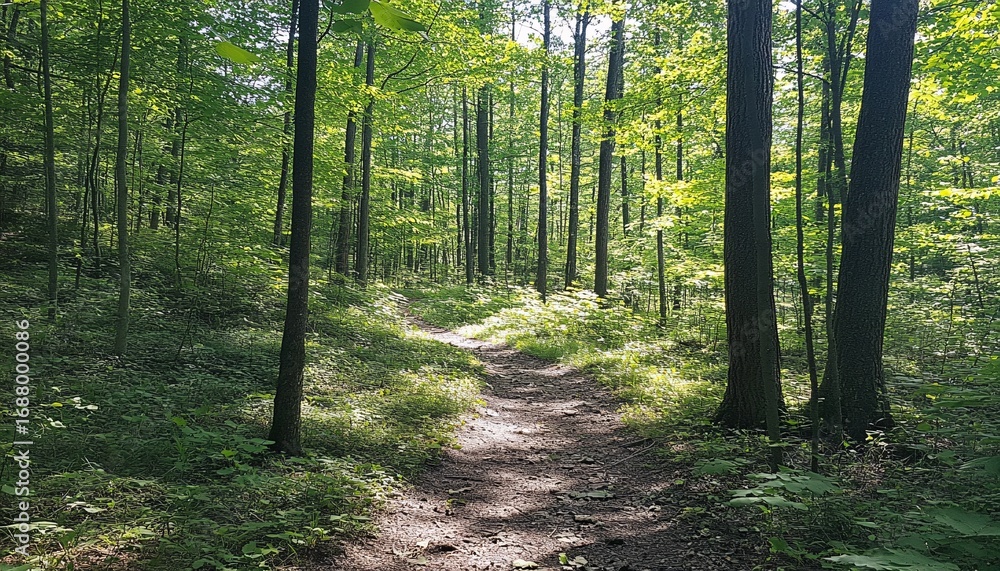 Obraz premium A sunlit path meanders through a dense forest, surrounded by tall trees and verdant undergrowth.