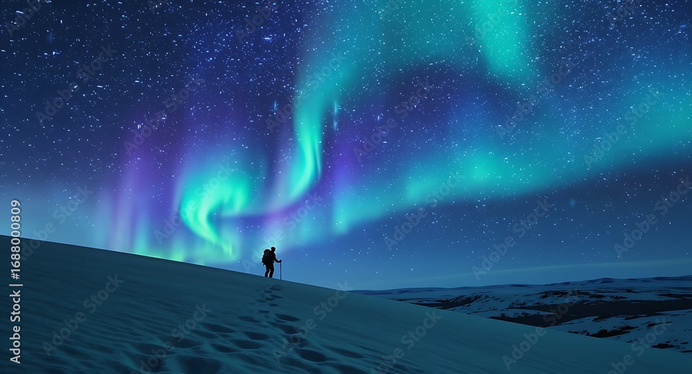 Fototapeta premium Vibrant Aurora Borealis Dazzles Over a Lone Adventurer Trekking Through a Pristine Snowy Landscape Under a Star-Filled Night Sky