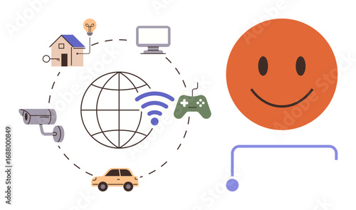 Globe connecting home, car, camera, monitor, and gaming console with wireless signal. happy nearby represents content life. Ideal for IoT, technology, connectivity smart devices digital age