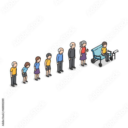 aging process showing progression through life stages to wheelchair use a representation of growing old
