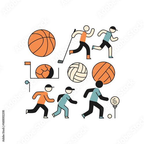 diverse sports icons running forward featuring golf basketball for sports promotions campaigns and visual storytelling