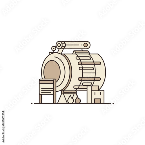 furnace illustration of industrial machinery with flames beneath the container for energy production or heating system