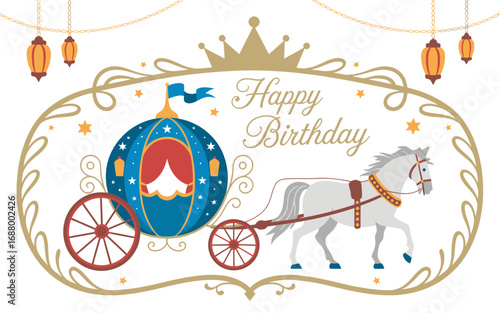 Magical horse drawn carriage with 'Happy Birthday' message, perfect for a fairytale celebration.