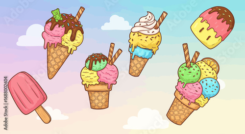 Colorful Cartoon Ice Cream Cones and Popsicles Floating in a Pastel Sky Background