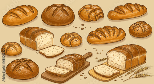 Artistic bread assortment illustration showcasing various types and presentation