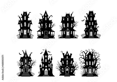 Black Haunted House and Spooky Mansion Silhouettes PNG on Transparent Background